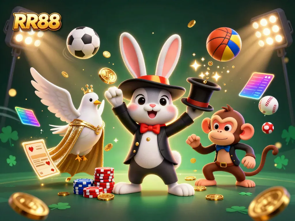 Experience the excitement at RR88 with golden coins and sports elements in this lively casino illustration.