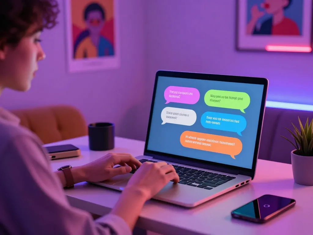 Engaging NSFW AI chat experience on a sleek laptop with vibrant chat bubbles in a modern workspace.