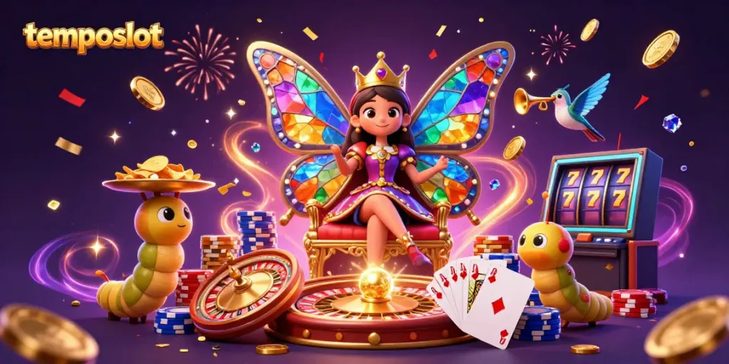 Menangkan permainan di temposlot dengan ilustrasi kasino 3D berwarna-warni dan berenergi.