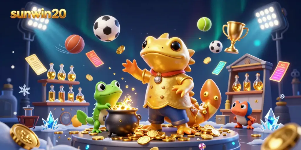 Experience the enchanting world of sunwin20 with a golden salamander alchemist, sports elements, and magical particles.