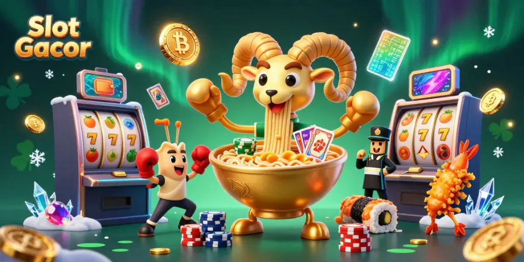 Slot Gacor menghadirkan karakter unik dengan elemen slot dan koin crypto dalam ilustrasi warna-warni.