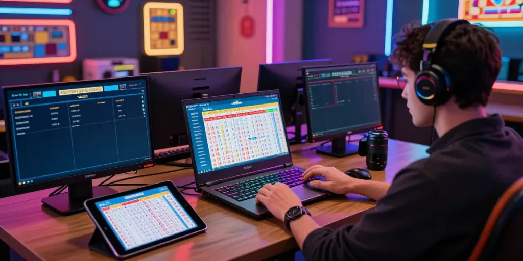 Online lottery gaming session featuring seributoto with vibrant screens showing live statistics.