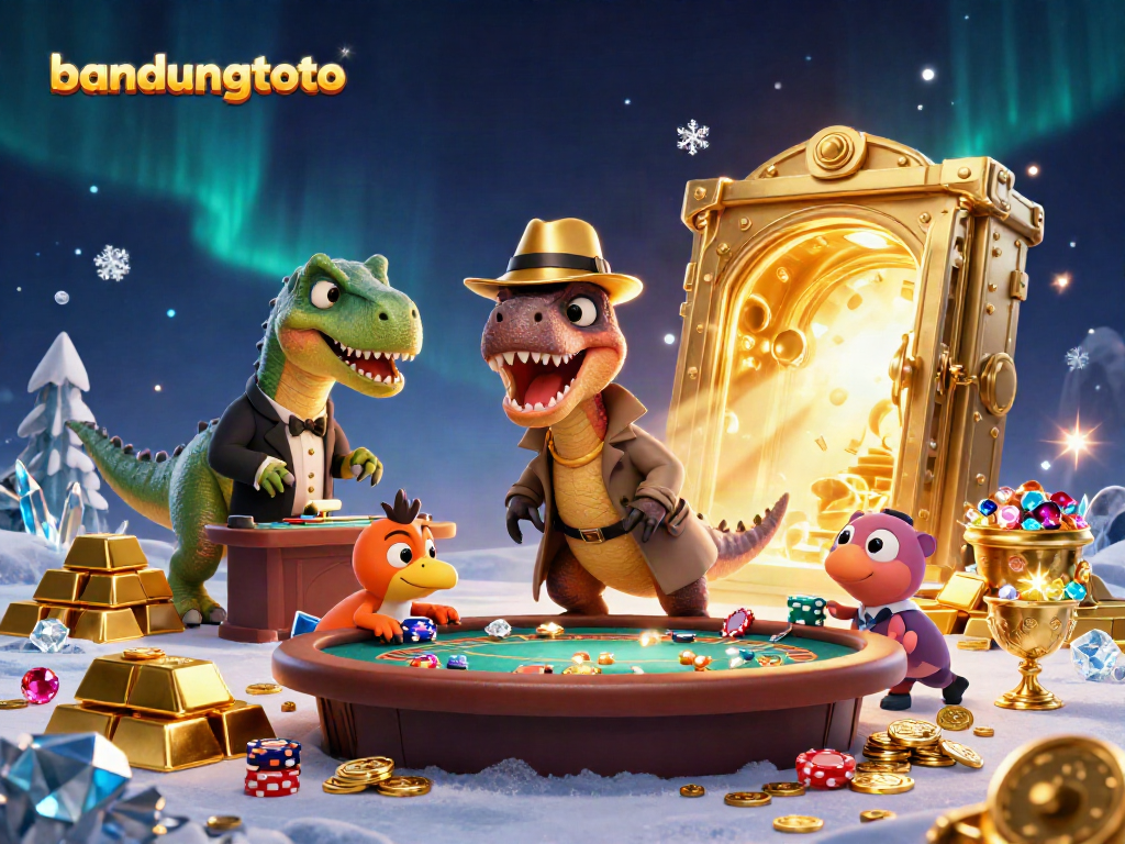 Bandungtoto showcases a velociraptor at a blackjack table amidst gold treasures and magical effects.