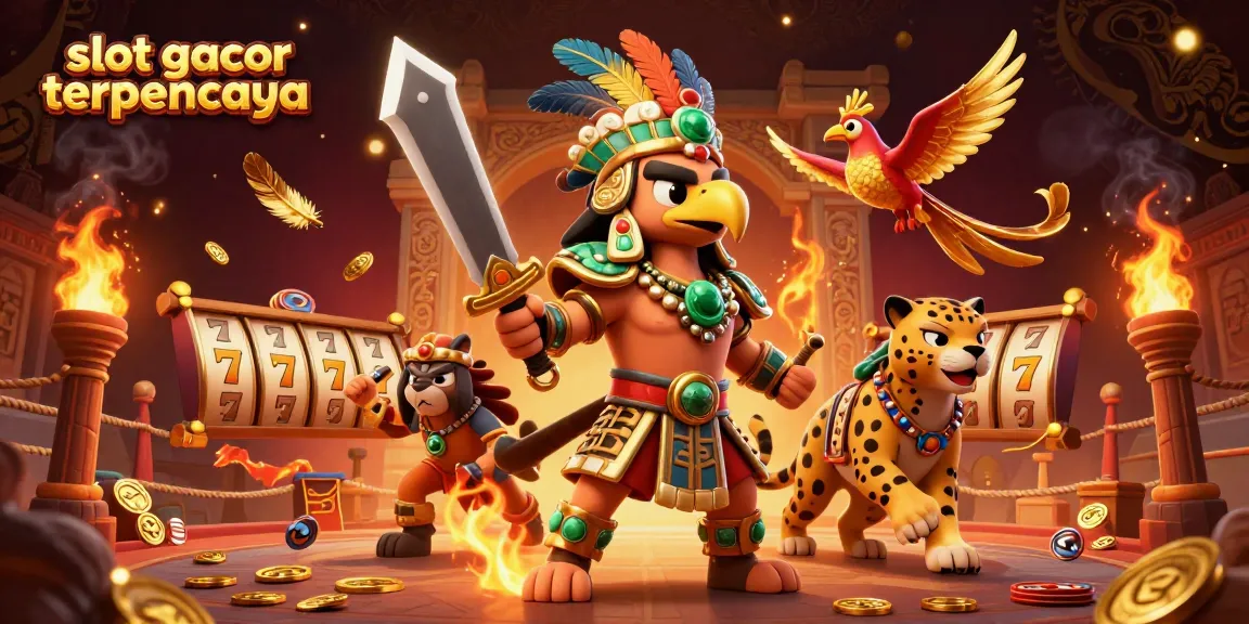Spin the reels with slot gacor terpercaya featuring Aztec warriors and golden tokens in a vibrant arena.