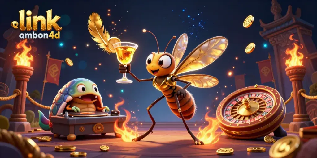 Engage with the vibrant casino scene featuring link ambon4d with a frozen mosquito, trilobite DJ, and golden roulette wheel.
