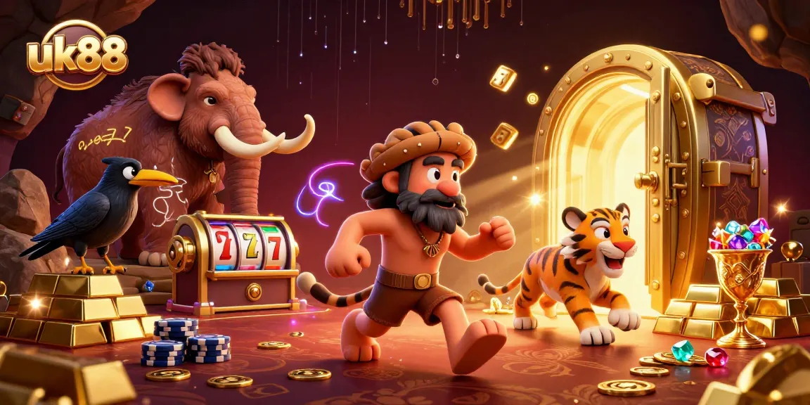 uk88 slots casino scene featuring a caveman, sabertooth tiger, and crow surrounded by treasures.