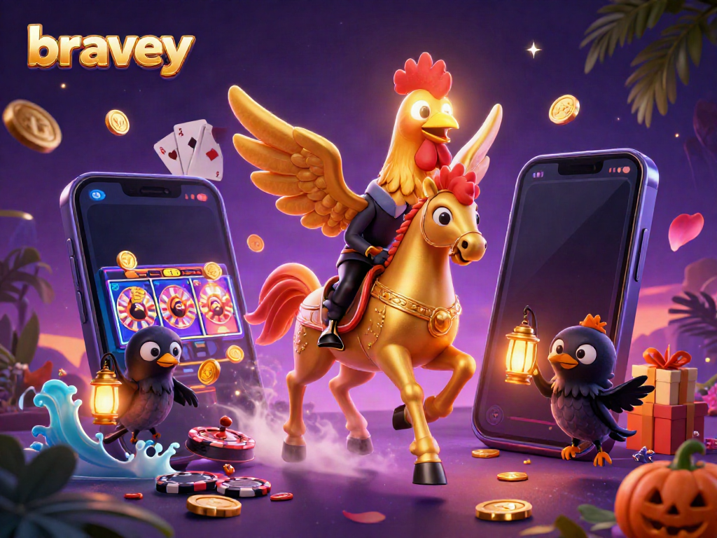 Bravey promotes fun with Casino Adventure featuring a golden rooster in a vibrant casino scene.