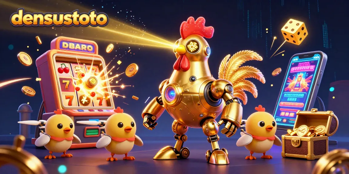 Densustoto menampilkan robot ayam strategi emas dan simbol kasino, tindakan beruntung dalam perjudian.