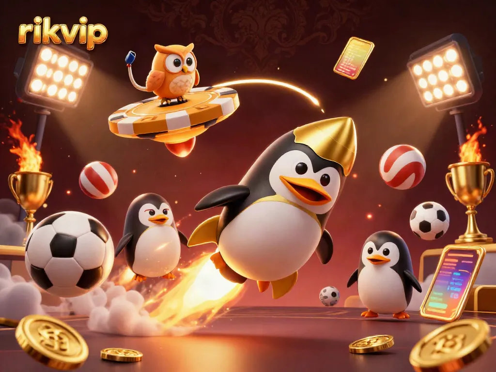 Experience the thrill of rikvip as a golden penguin navigates a vibrant casino space, surrounded by dynamic sports elements.
