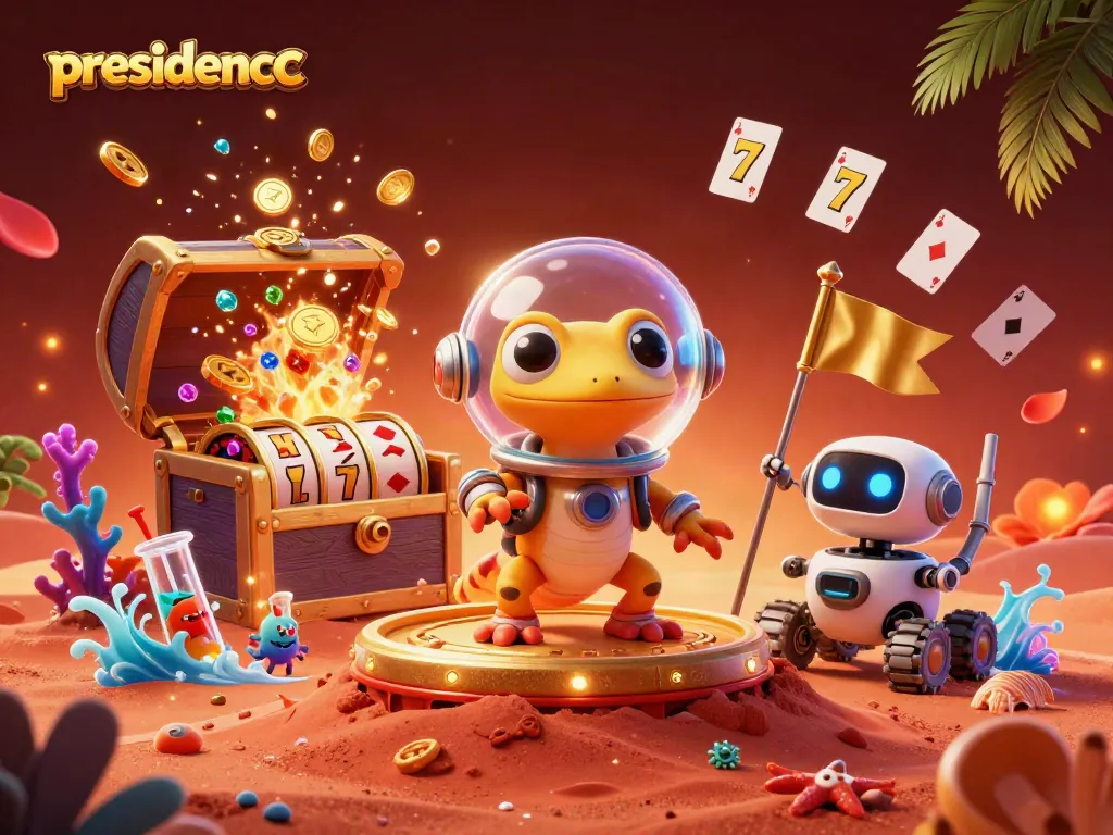 Join the Martian gecko on a presidencc adventure to a buried golden casino amidst vibrant playing cards and treasures.