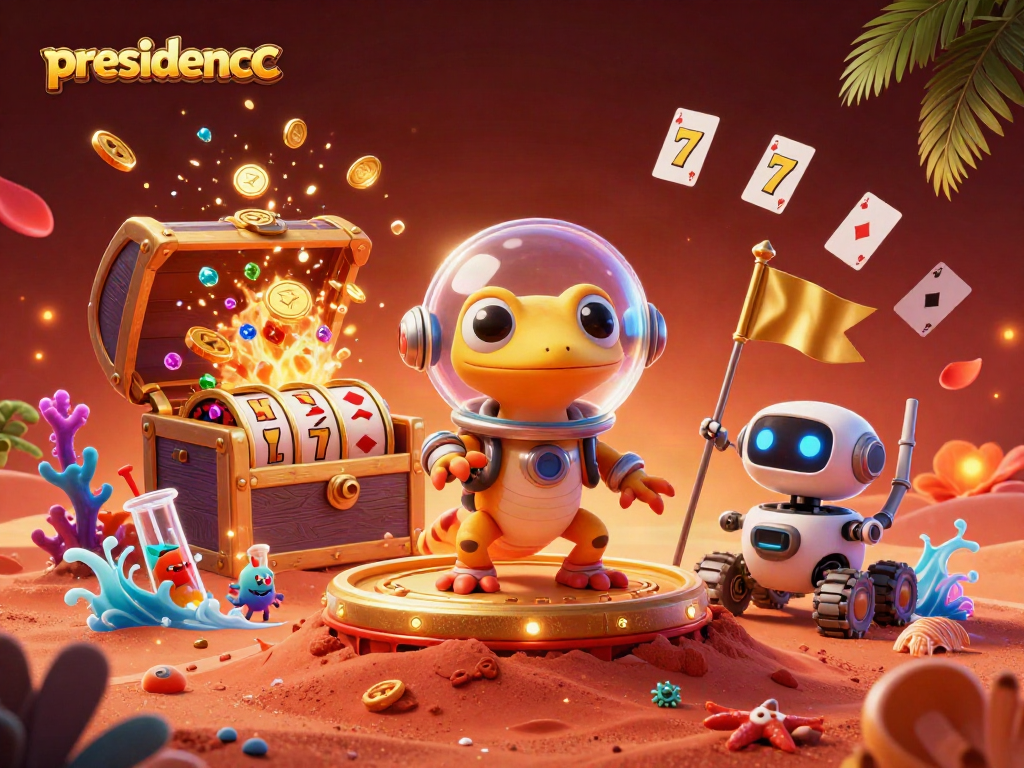 Join the Martian gecko on a presidencc adventure to a buried golden casino amidst vibrant playing cards and treasures.