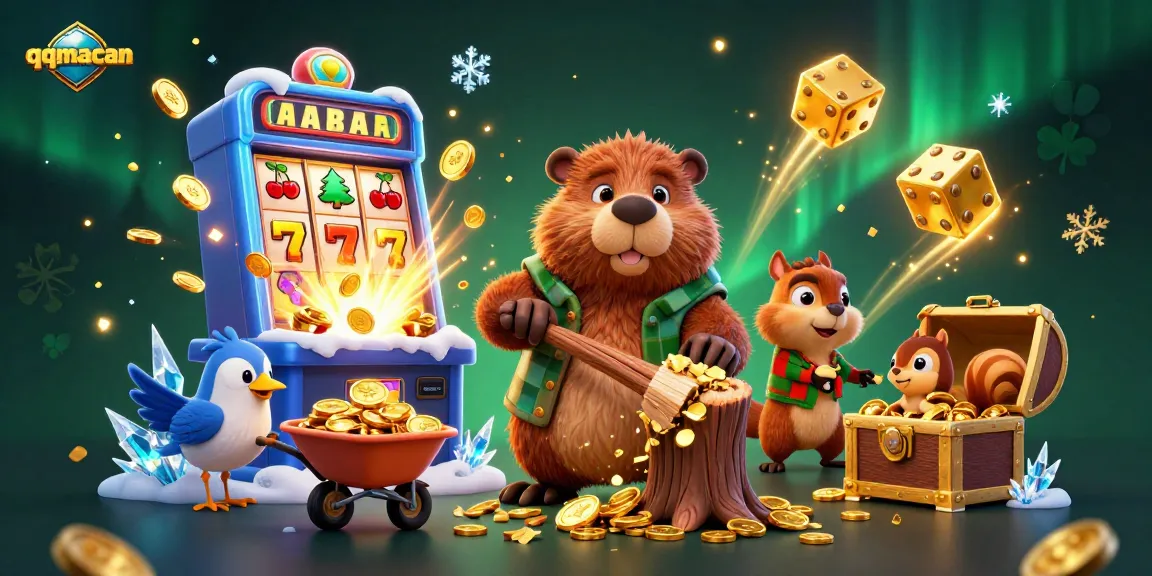 Spin the jackpot with qqmacan, where a beaver and friends collect golden coins in a vibrant casino scene.