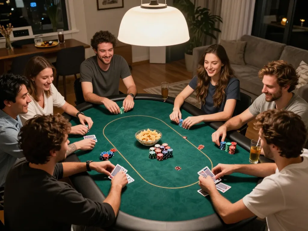Teman-teman menikmati malam poker hwg500 dengan kartu dan chip di meja, suasana yang hangat.