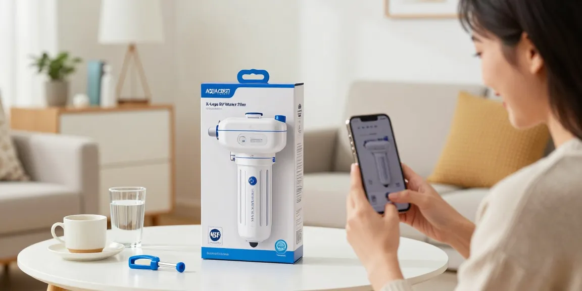 The AQUA CREST X-Large RV Water Filter in an exciting unboxing scene, showcasing product features for online shopping and e-commerce reviews.