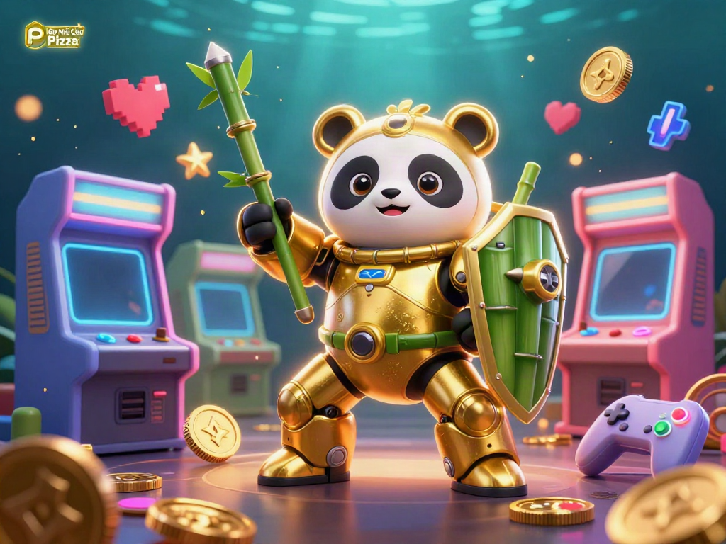 Engage with Kèo Nhà Cái Pizza in a vibrant 3D casino scene featuring a mech-suit panda and immersive gaming elements.