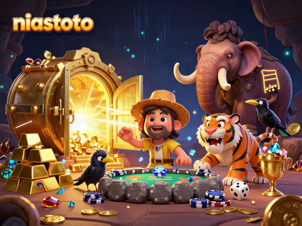 Experience niastoto's thrilling casino scene featuring cavemen and a sabertooth tiger enjoying ancient games.