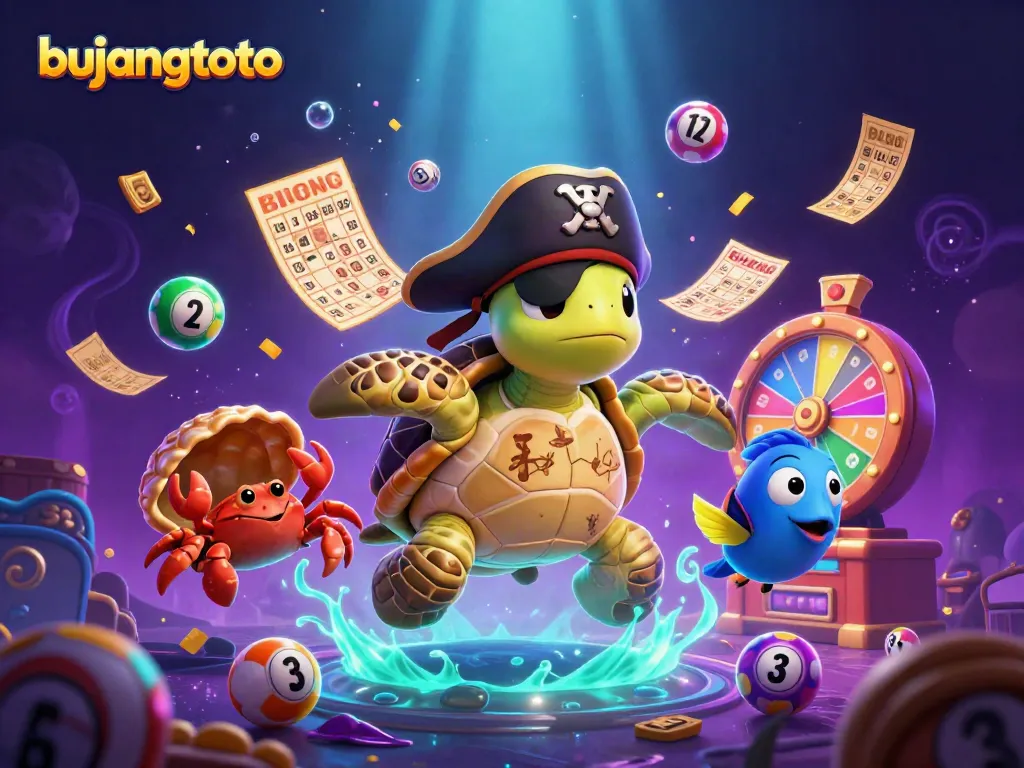 Engage with the exciting world of bujangtoto as vibrant lottery balls and treasures swirl around animated characters.
