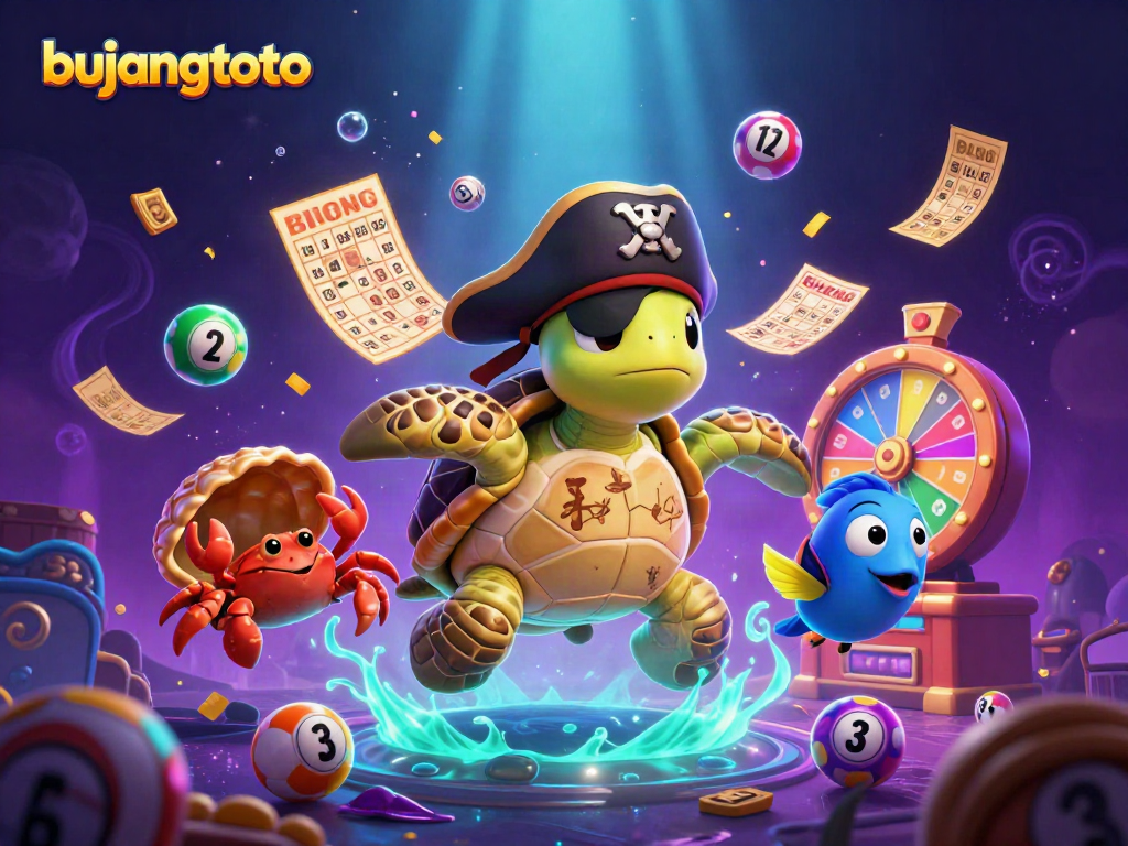 Engage with the exciting world of bujangtoto as vibrant lottery balls and treasures swirl around animated characters.