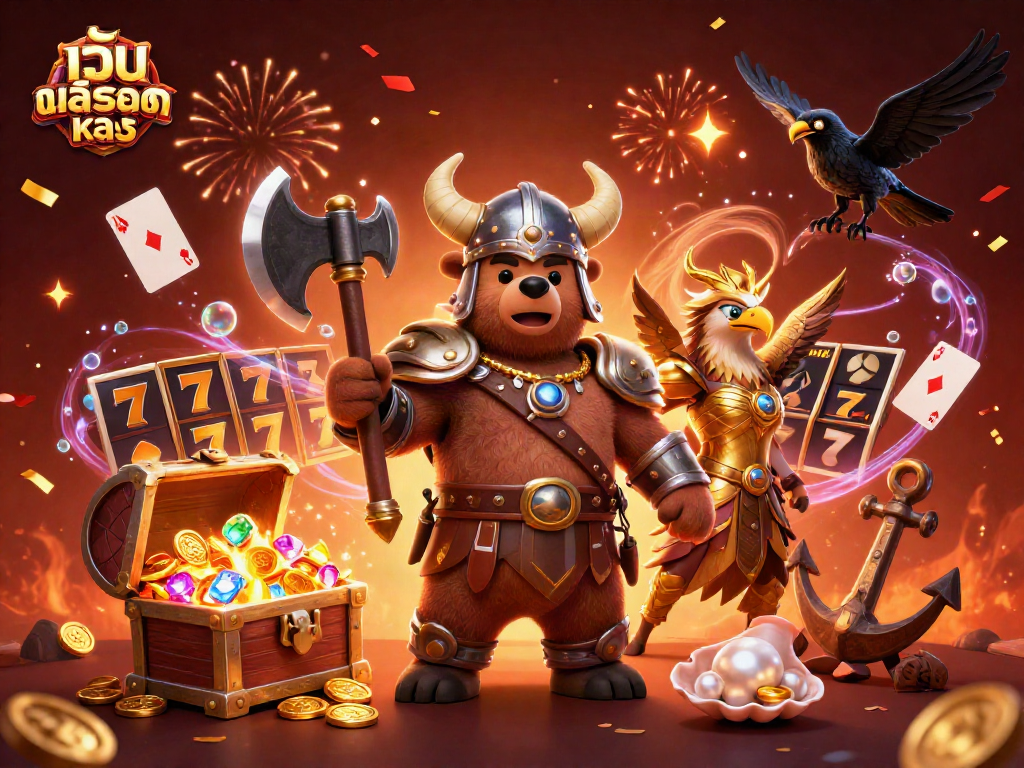 Engage with เว็บสล็อตตรง featuring a Viking berserker bear, Valkyrie eagle, and dynamic slot elements.