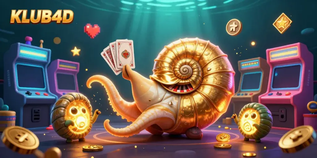 Mengantisipasi keseruan permainan di KLUB4D dengan ilustrasi 3D nautilus dan elemen kasino yang memukau.