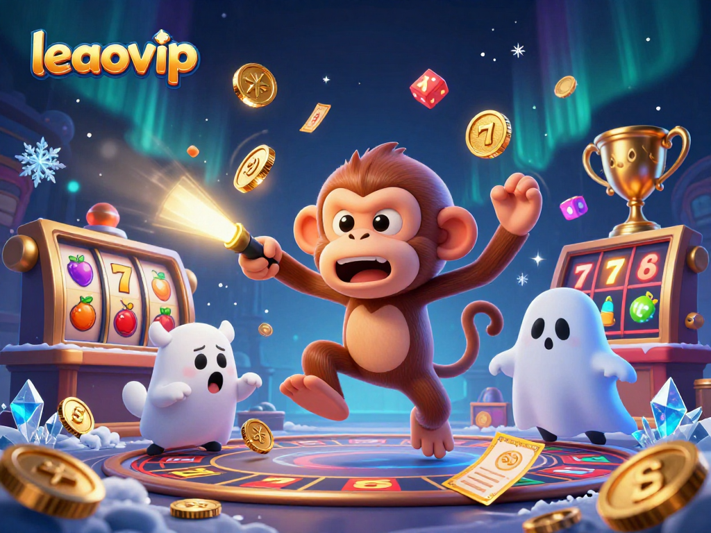 Engage with the leaovip platform featuring a dynamic scene of a poltergeist monkey juggling golden objects in a haunted casino.