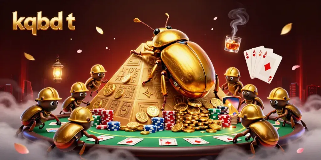 Experience kqbd t in a vibrant 3D illustration featuring beetles, poker elements, and casino symbols.