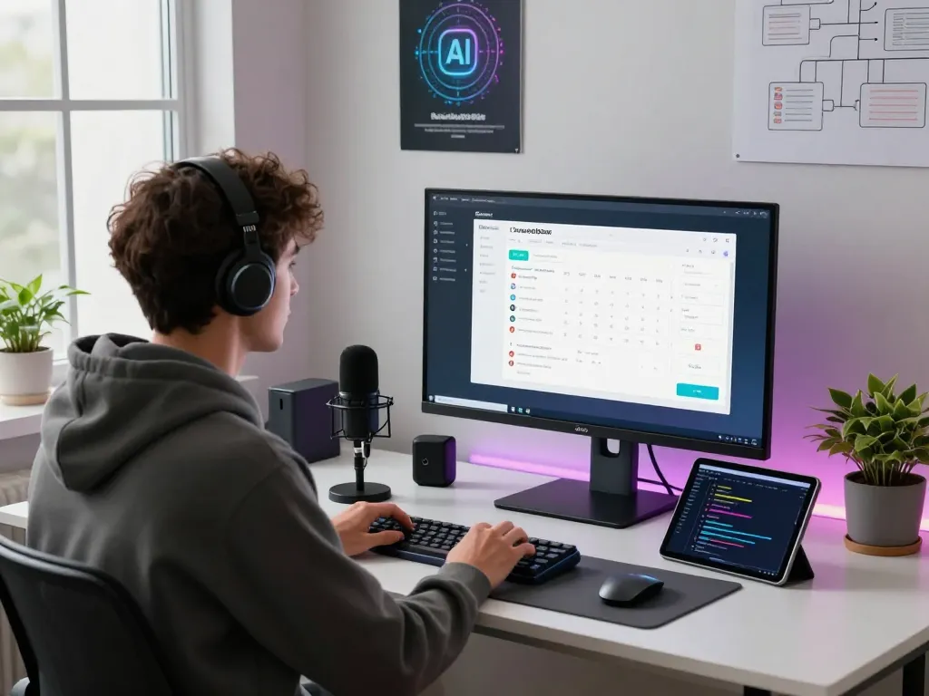Engaged developer using clawd bot in a modern workspace with tech gadgets and AI interface.