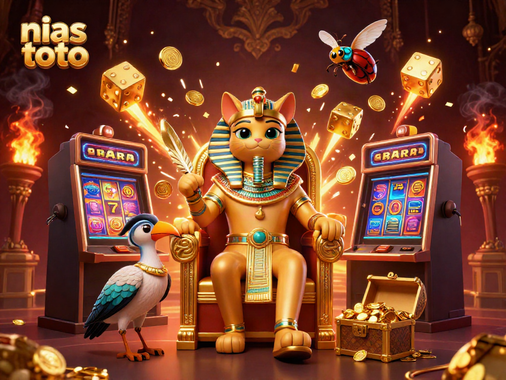 Gambarkan momen keberuntungan di nias toto dengan simbol mesin slot dan karakter unik.