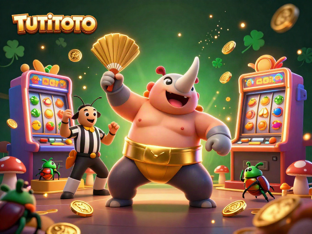 TUTITOTO brings excitement with a rhinoceros beetle sumo champion surrounded by slot machines and gold coins.