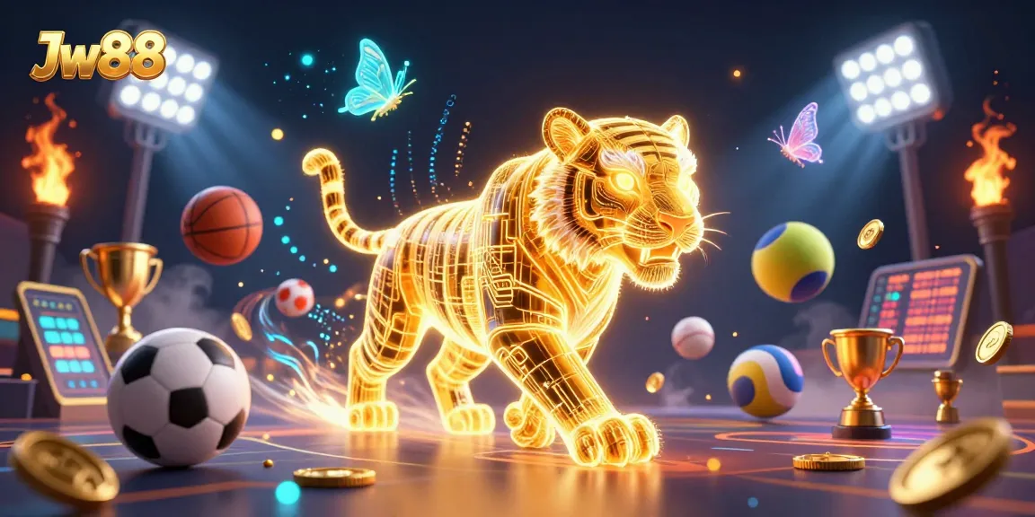 Experience excitement with Jw88 in this dynamic digital casino world featuring a golden tiger and sports elements.