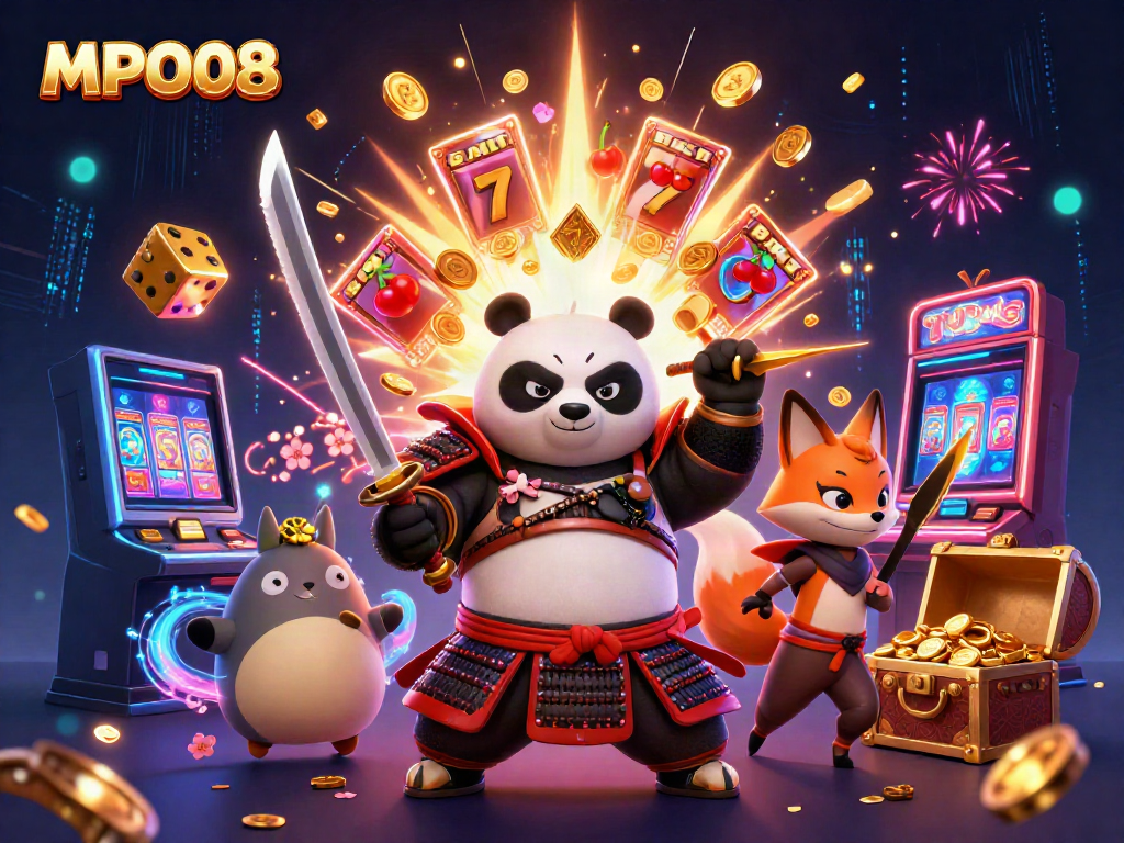 Experience thrilling wins with MPO08’s vibrant samurai panda and magical spirits in this energetic casino scene.