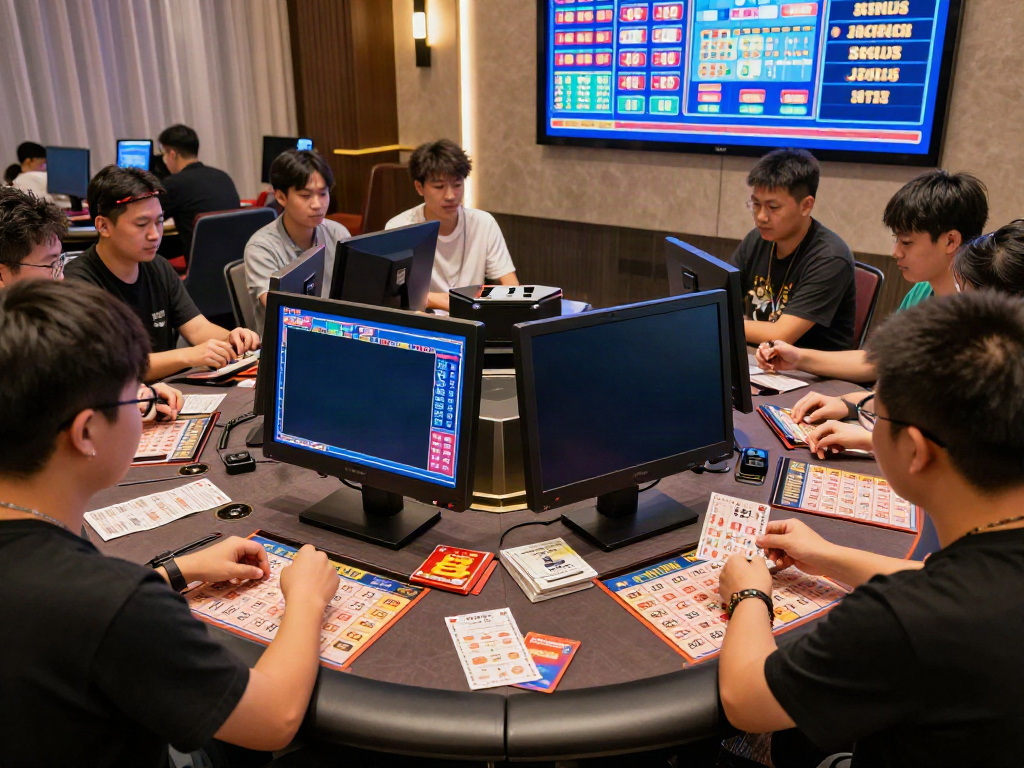 Suasana permainan taruhan Toto Lotto 4D di AHHA4D dengan pemain yang aktif dan layar hasil permainan yang cerah.