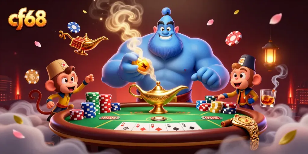 Engage with cf68 as a blue genie and monkey fly above a poker game, showcasing exciting gambling elements.