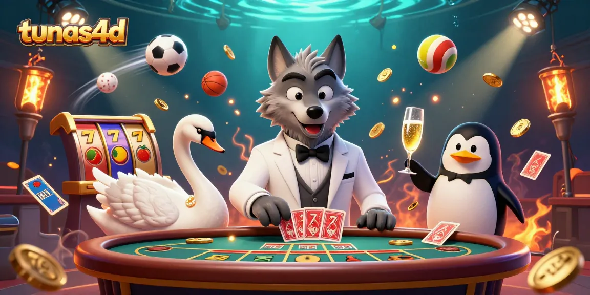 Play exciting slots with tunas4d featuring a sophisticated wolf, swan, and penguin in action.