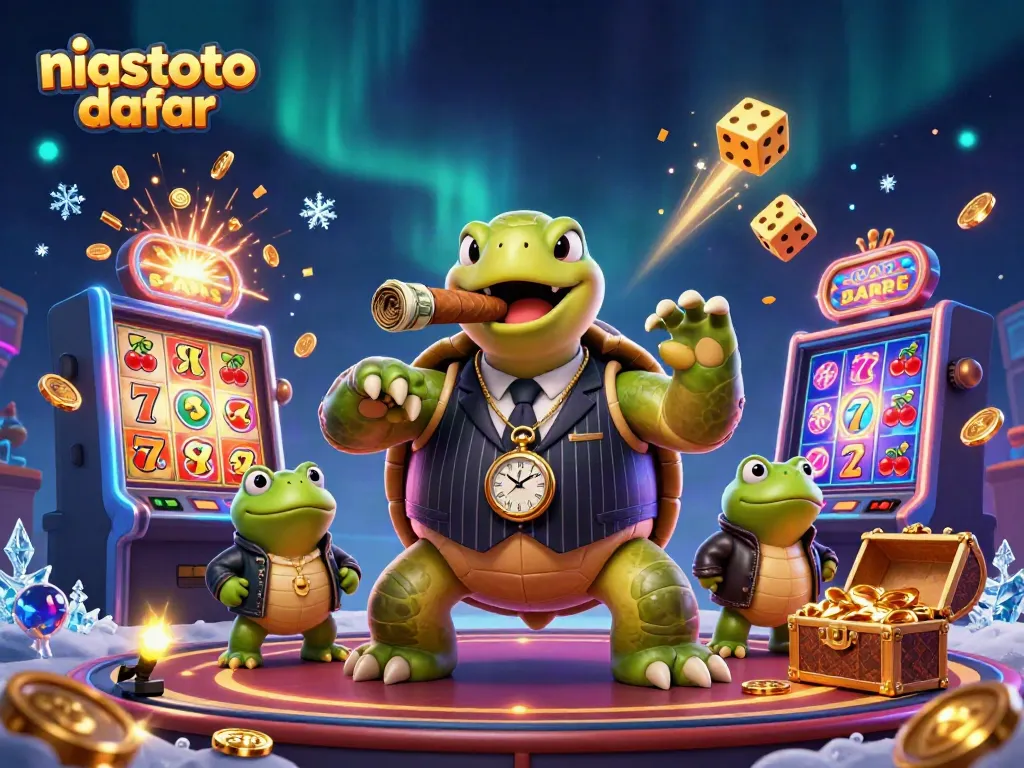 Gambaran niastoto daftar dengan penyu kartun besar mengenakan jas dan pelindung lawan di kasino yang penuh harta.