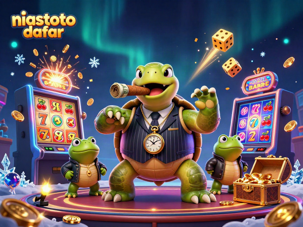 Gambaran niastoto daftar dengan penyu kartun besar mengenakan jas dan pelindung lawan di kasino yang penuh harta.