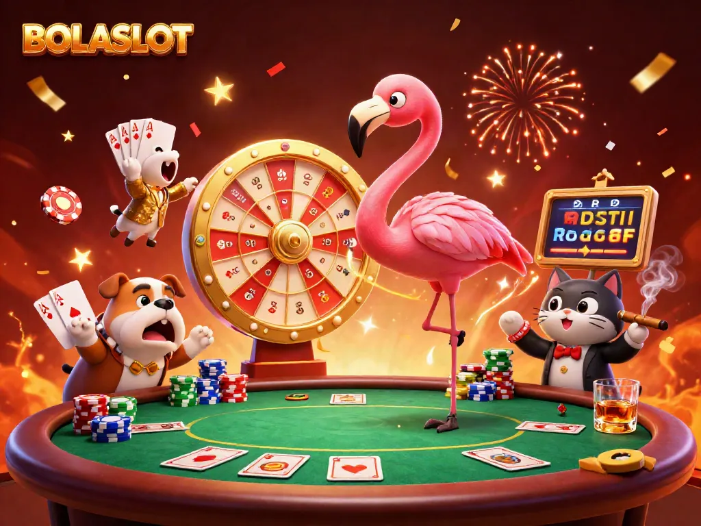 BOLASLOT showcases an animated scene of a game show with a flamingo host, bulldog contestant, and prize scoreboard amidst colorful poker elements.