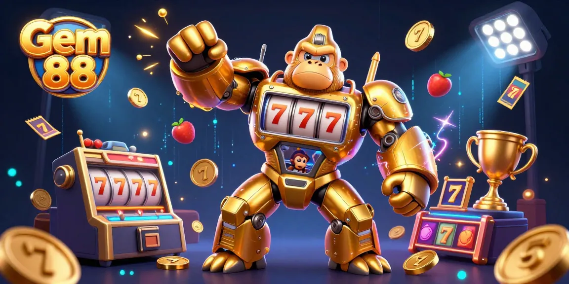 Experience thrilling action at Gem 88 with a stunning 3D illustration of a golden gorilla mech and dynamic game elements.