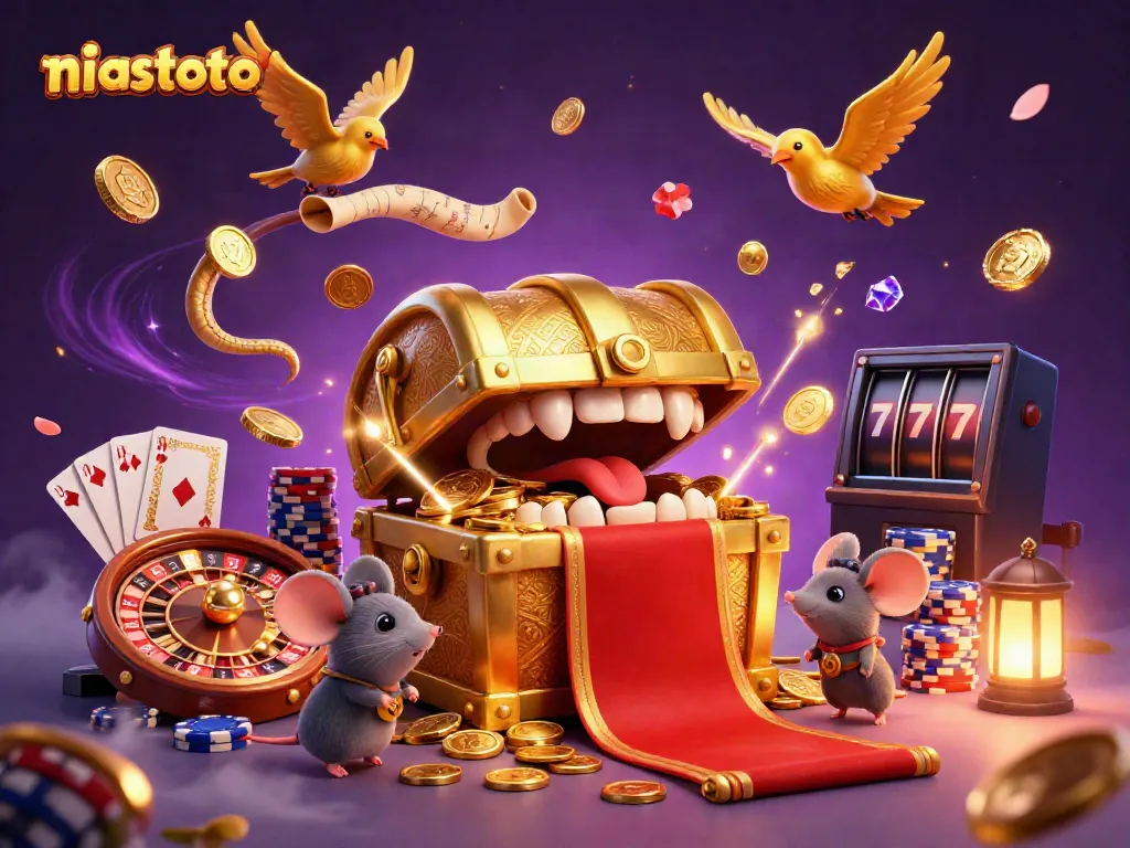 Engage with niastoto's thrilling casino scene featuring a treasure chest, golden coins, and vibrant gaming elements.