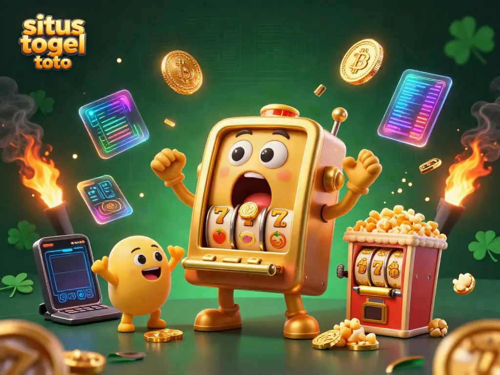 Visualisasi situs togel toto dengan mesin slot beruang emas yang bersorak di jackpot.