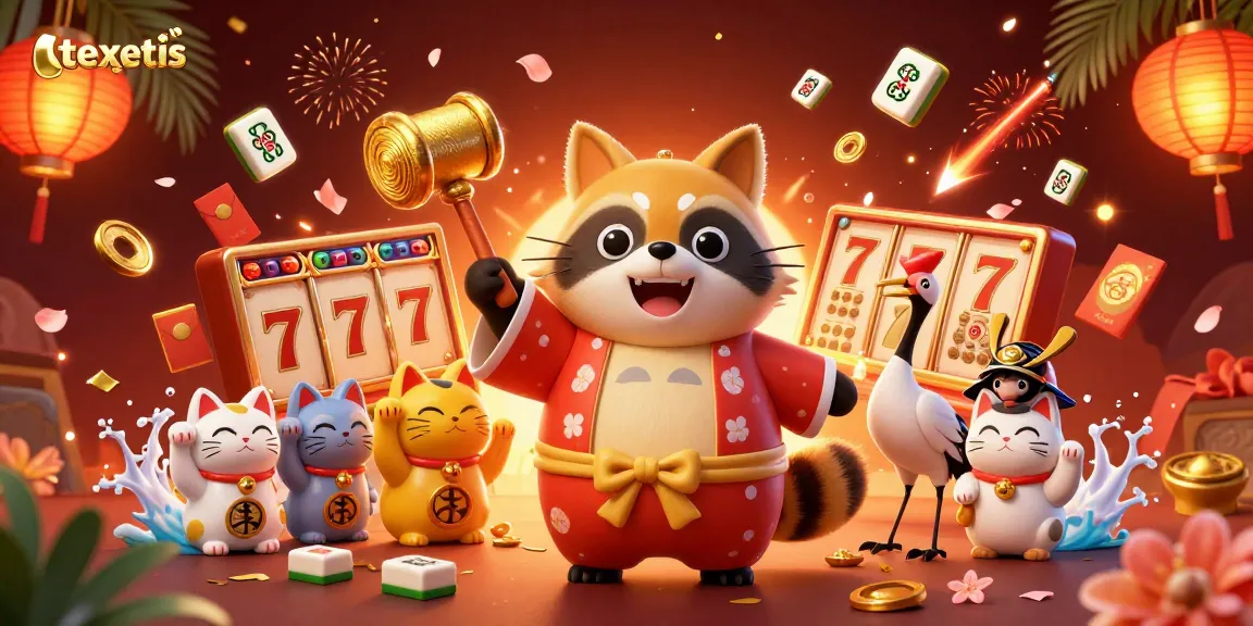 Maneki-neko, tanuki, dan crane di slot kasino dengan tema texpertis, memancarkan keberuntungan.