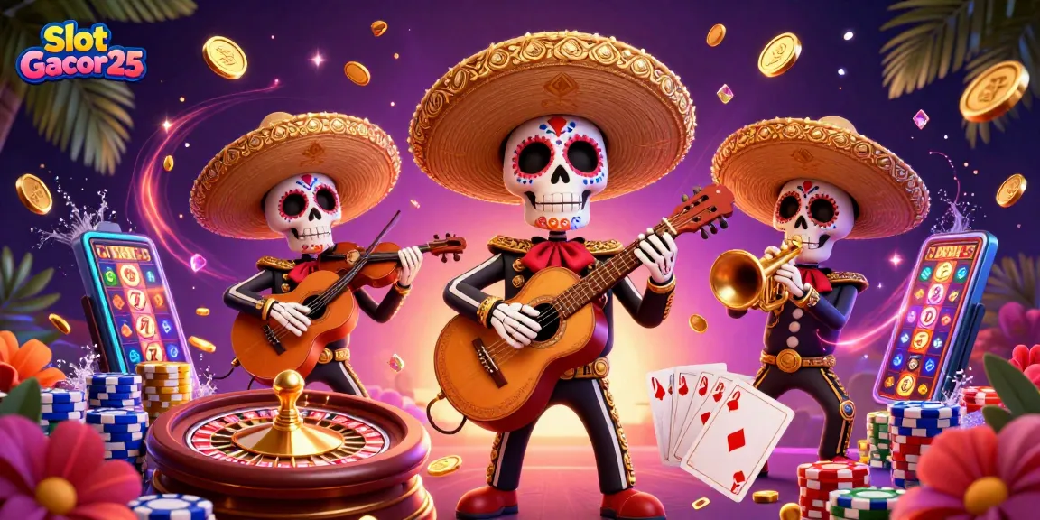 Slot Gacor25 menghadirkan suasana meriah dengan band mariachi kerangka dan elemen permainan kasino yang kaya.