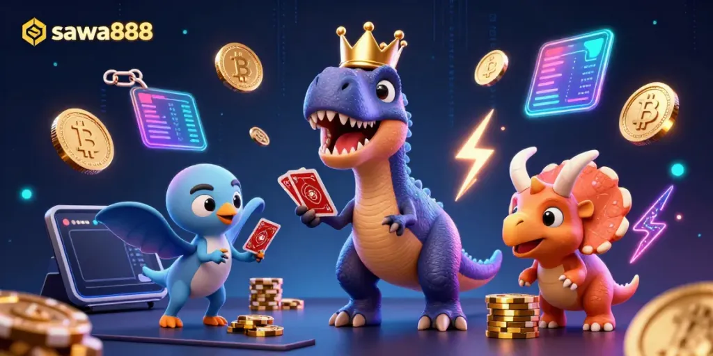 Engage with exciting gameplay at sawa888, featuring a fun T-Rex card shuffling and vibrant crypto elements.