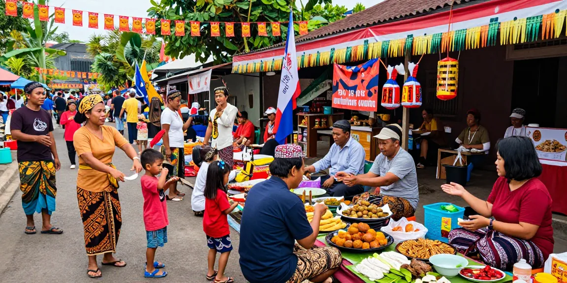 Suasana komunitas lokal di Indonesia dengan aktivitas pasar dan makanan khas Leci123.