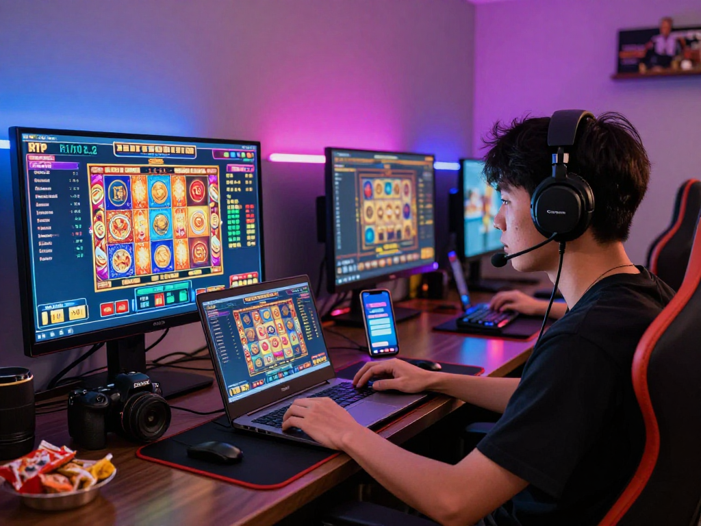 Exciting gaming atmosphere with player focused on RTP live slot games, colorful interfaces, and modern tech setup.