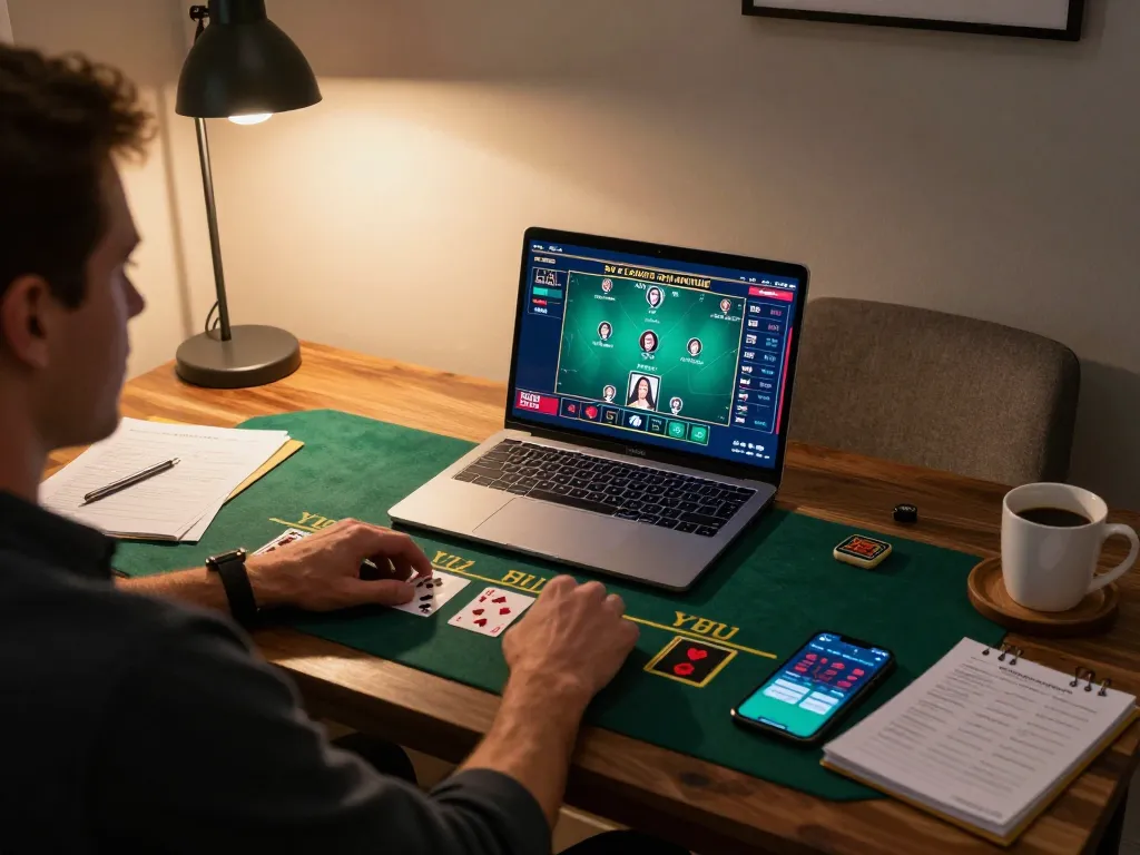 LGO99 Situs Game Online Terpercaya Di INDONESIA features a gamer engaging with live dealer blackjack, highlighting a strategic online gambling experience.