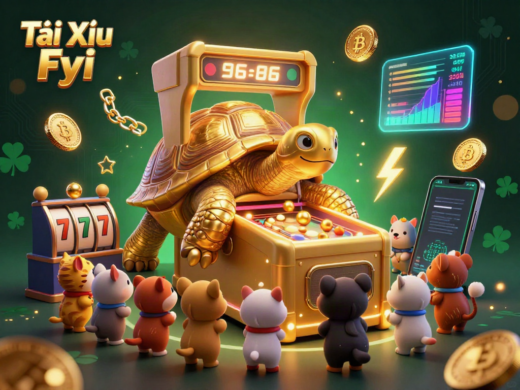Tài Xỉu Fyi illustrates a vibrant casino scene with a golden tortoise pinball machine amidst exciting gameplay elements.