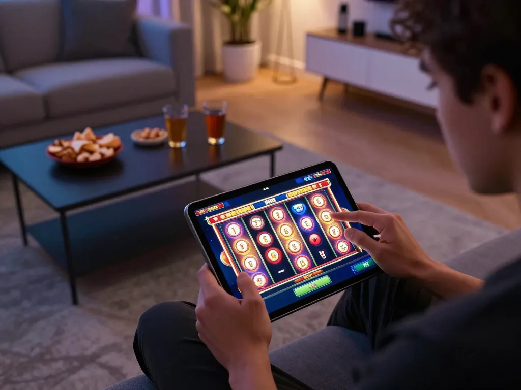 Play slots on jus77, vibrant graphics displayed on tablet in a cozy living room