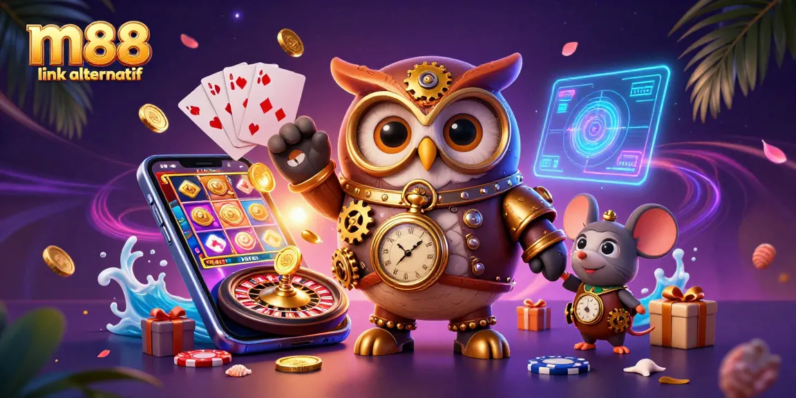 M88 link alternatif menampilkan ilustrasi kasino yang meriah dengan karakter dan elemen permainan lengkap.