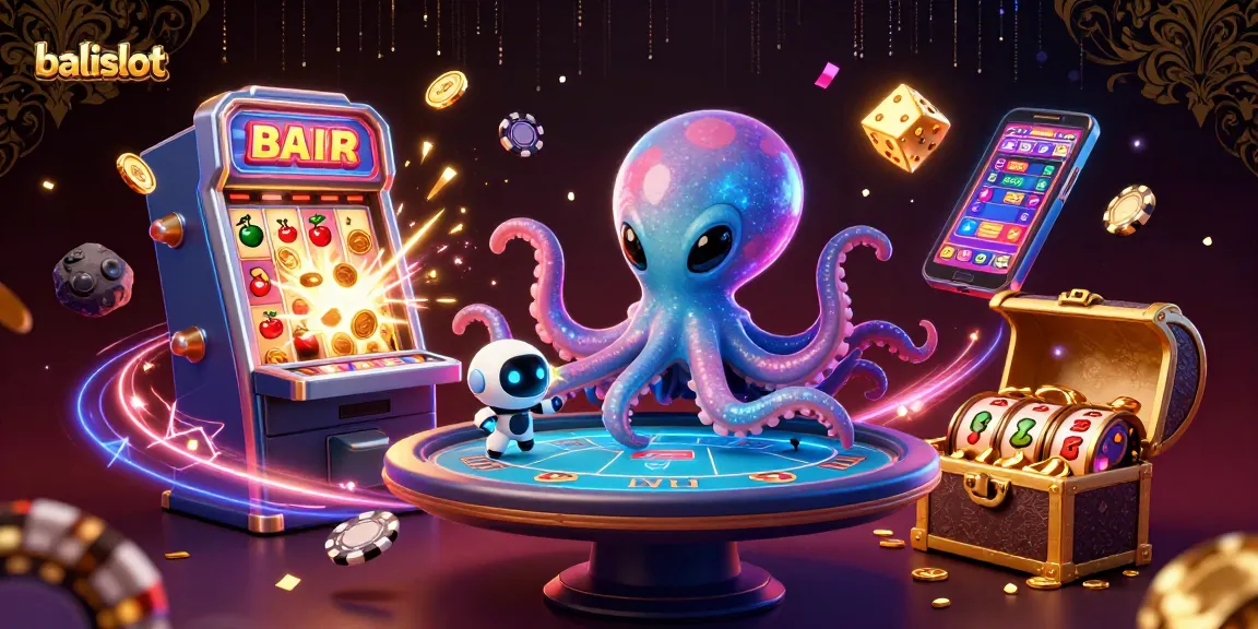 Menggunakan balislot, alien gurita beraksi di meja poker holografis sambil dikelilingi chip poker asteroid.